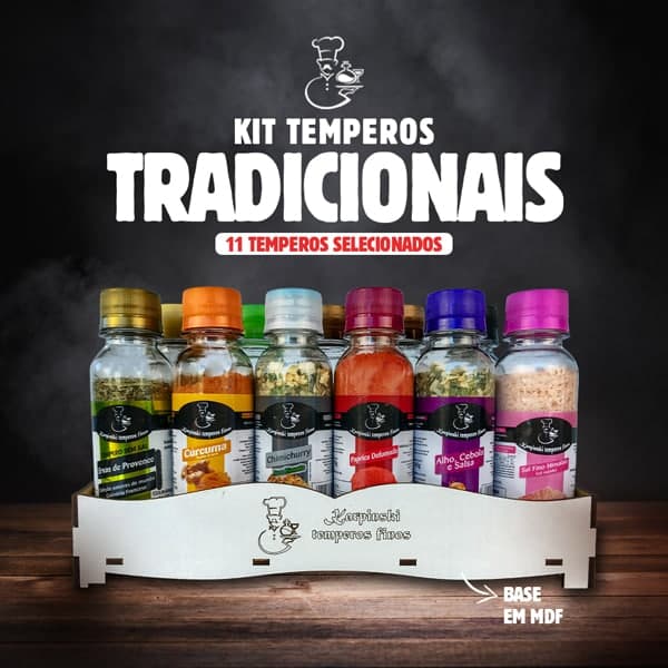 Kit com 11 Temperos Tradicionais Karpinski Temperos Finos com base em MDF branca