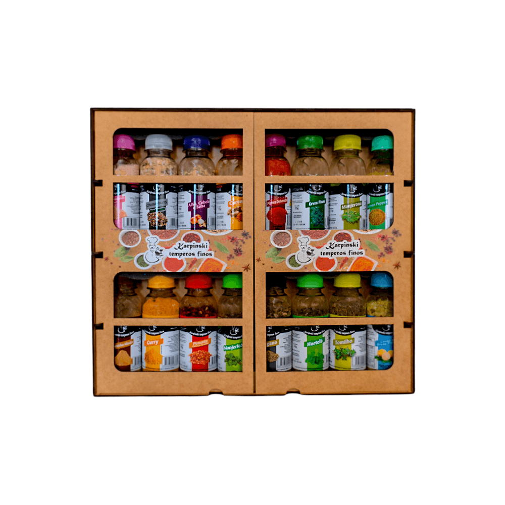 Kit Tempero C/16 Premium Cru Karpinski Temperos Finos com caixa em MDF cru