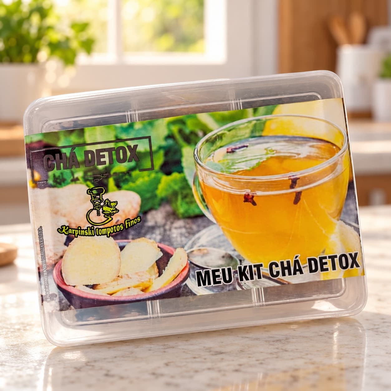 Kit Chá Detox com 7 Especiarias Karpinski — na bancada da cozinha