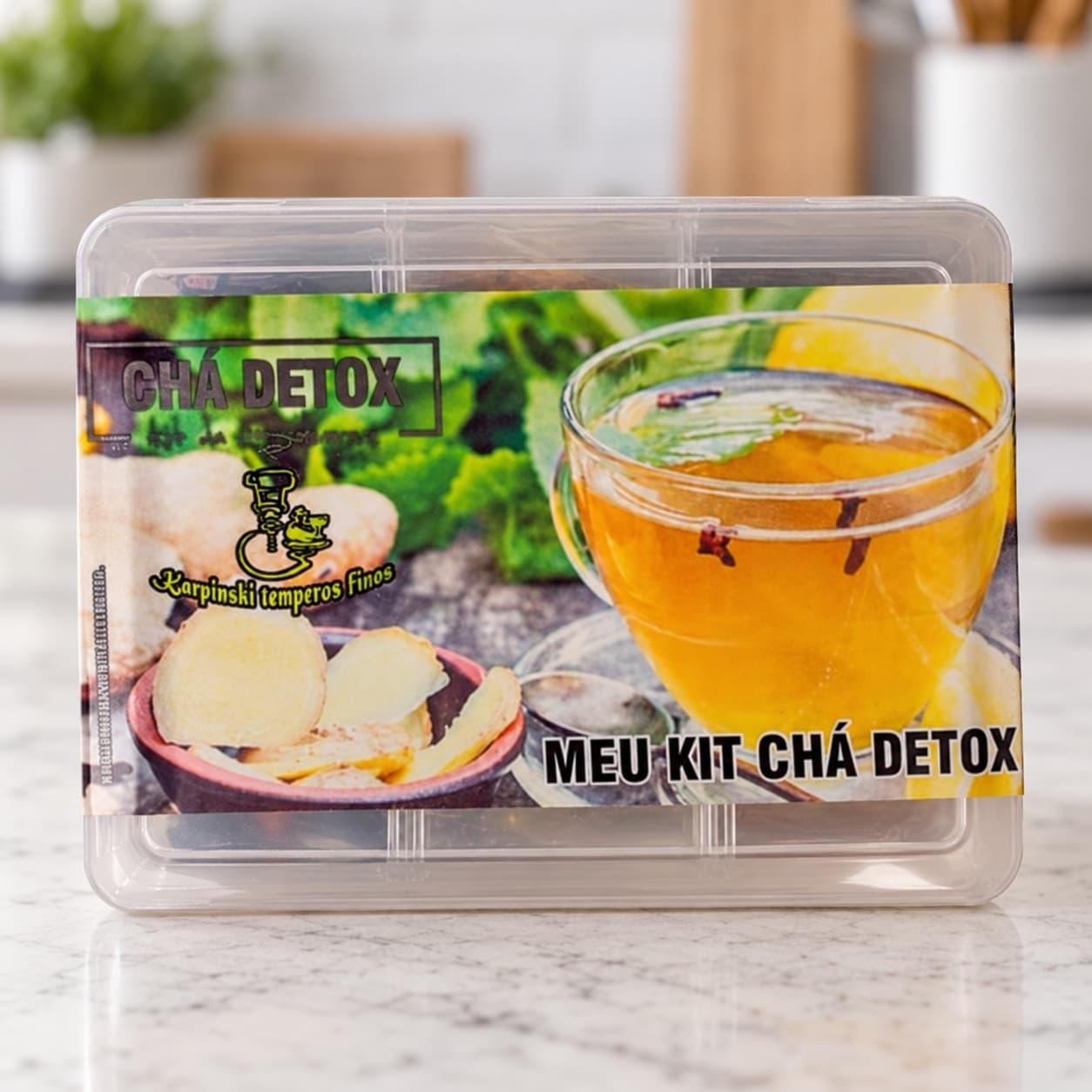 Kit Chá Detox com 7 Especiarias Karpinski — detalhe da embalagem e do rótulo