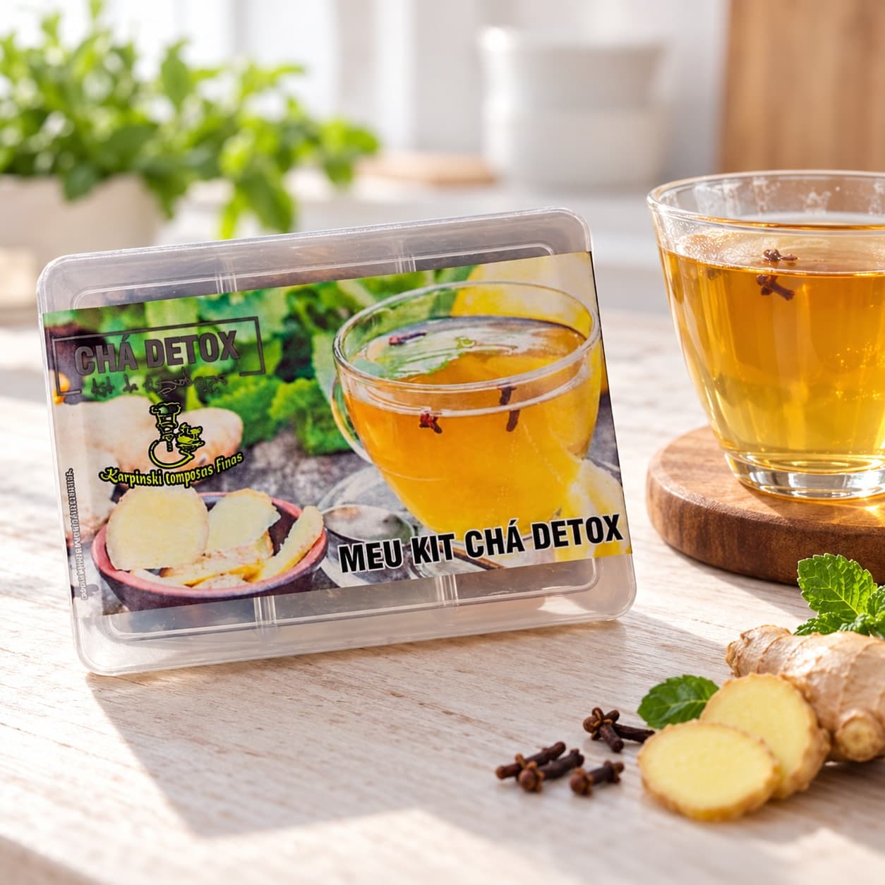 Kit Chá Detox com 7 Especiarias Karpinski — ao lado de chá servido em copo