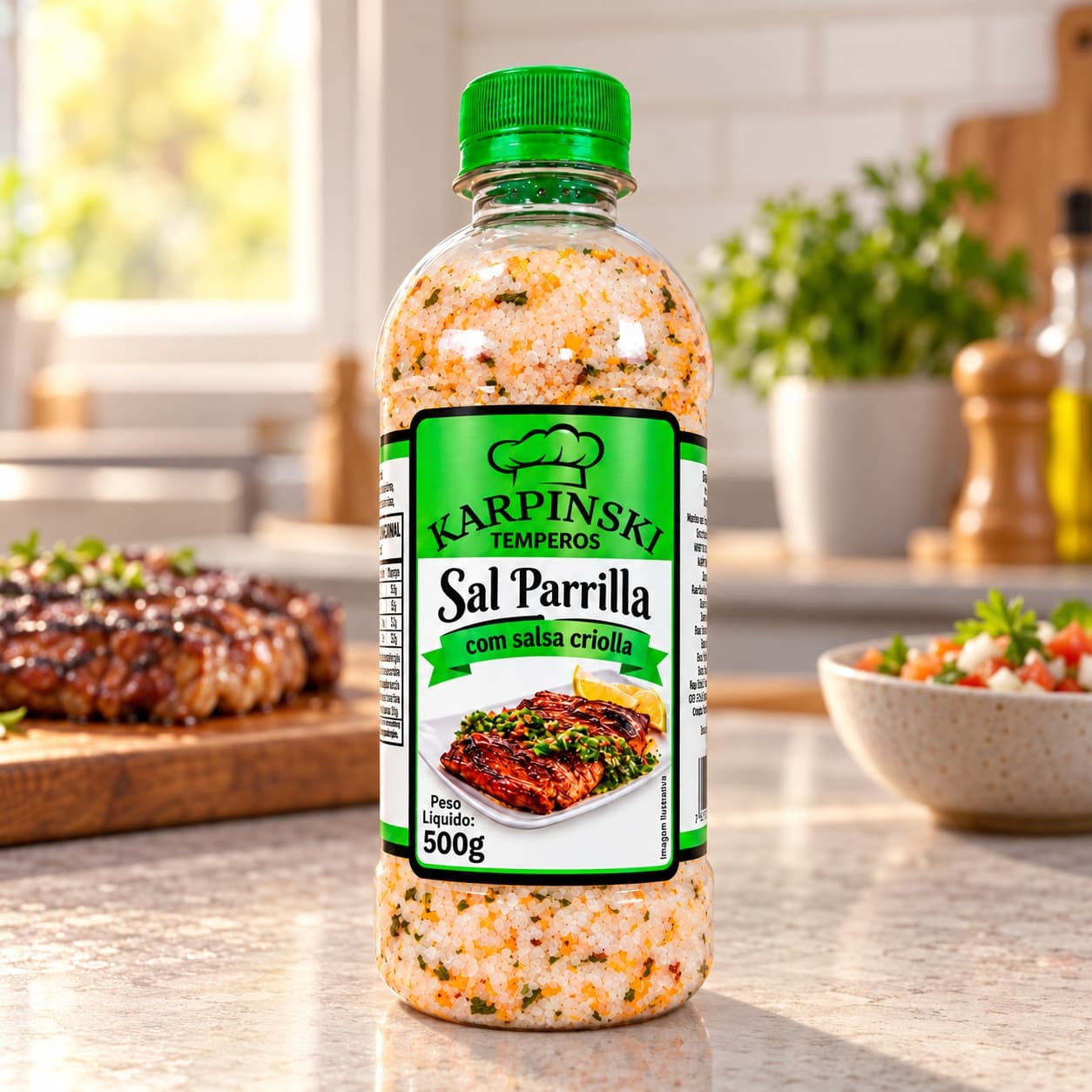 Sal Parrilla com Salsa Criolla Karpinski 500 g — na bancada da cozinha