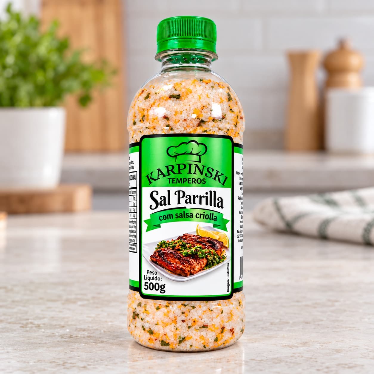 Sal Parrilla com Salsa Criolla Karpinski 500 g — detalhe da embalagem e do rótulo