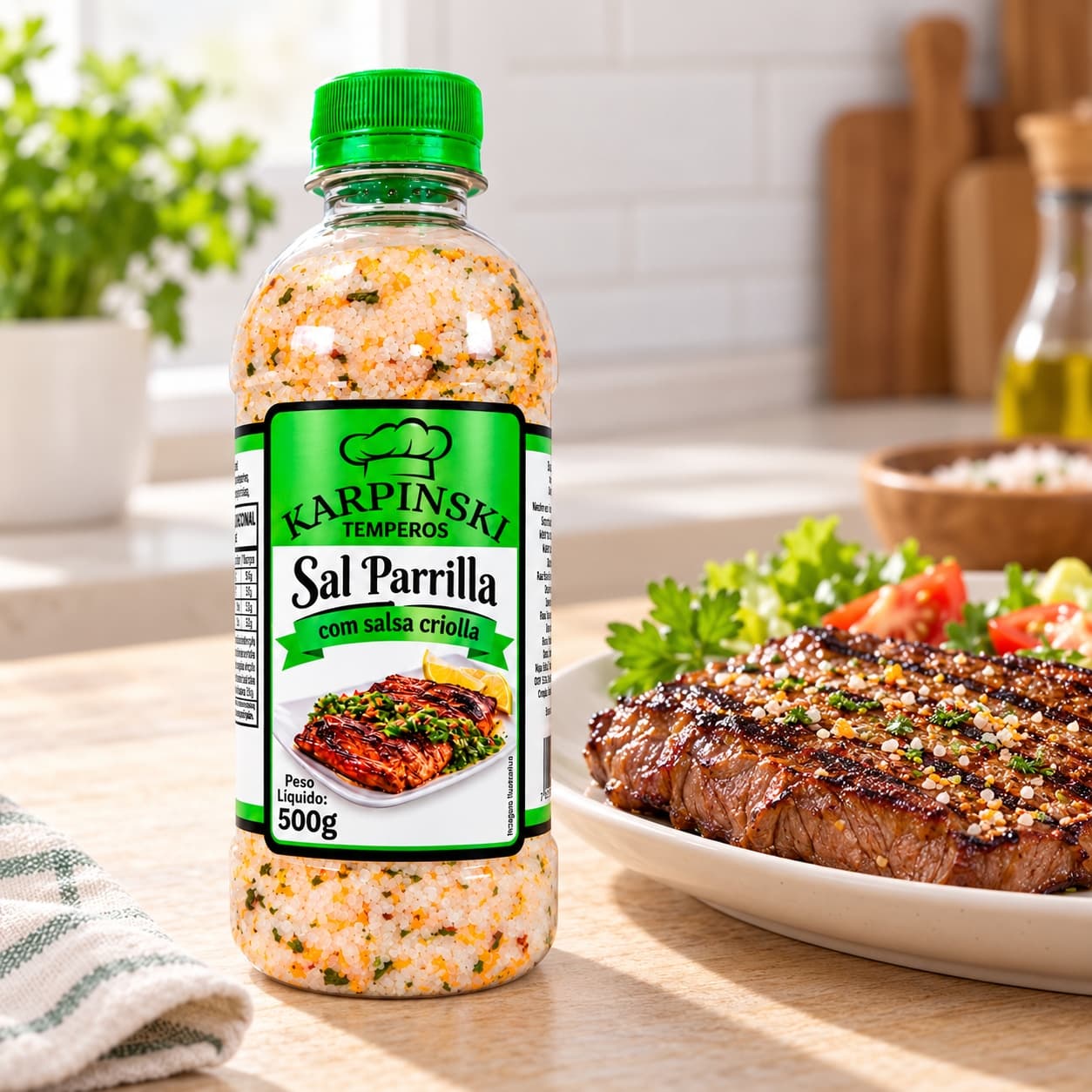 Sal Parrilla com Salsa Criolla Karpinski 500 g — ao lado de carne grelhada