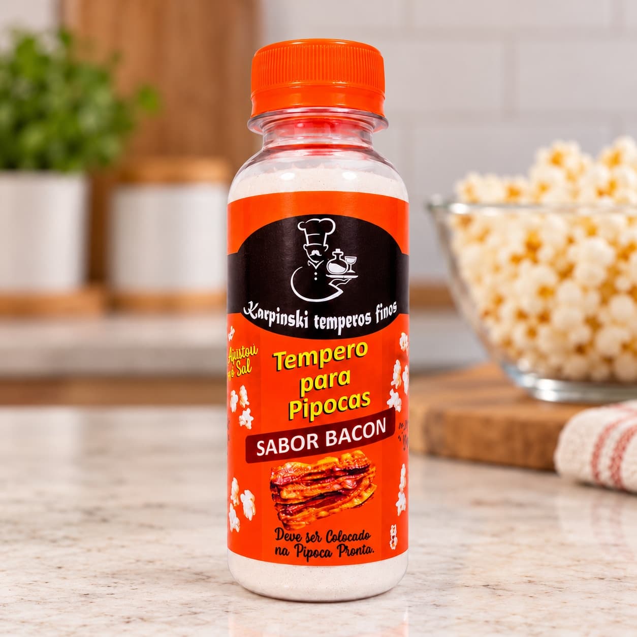 Tempero para Pipoca Sabor Bacon Karpinski — detalhe da embalagem e do rótulo