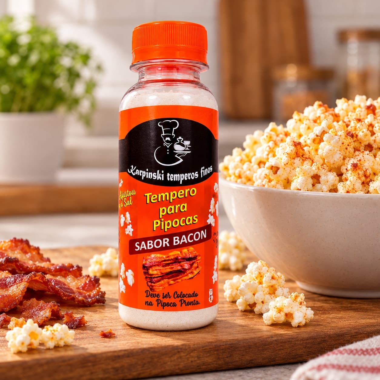 Tempero para Pipoca Sabor Bacon Karpinski — no preparo com pipoca preparada em tigela