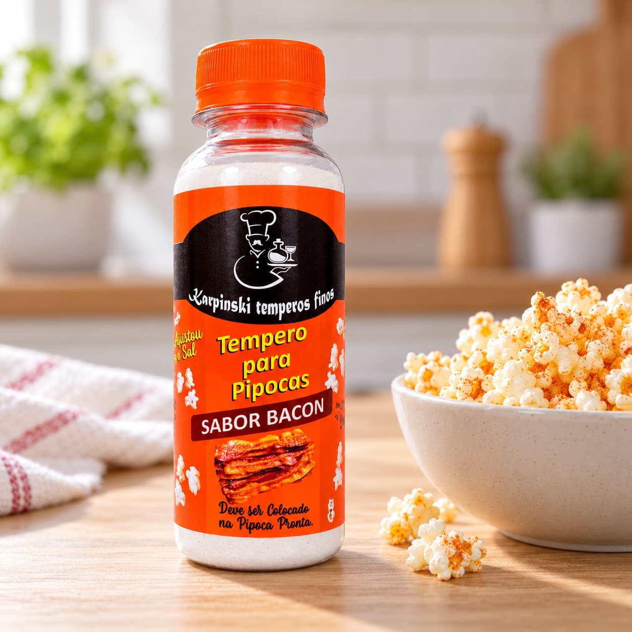 Tempero para Pipoca Sabor Bacon Karpinski — ao lado de porção de pipoca
