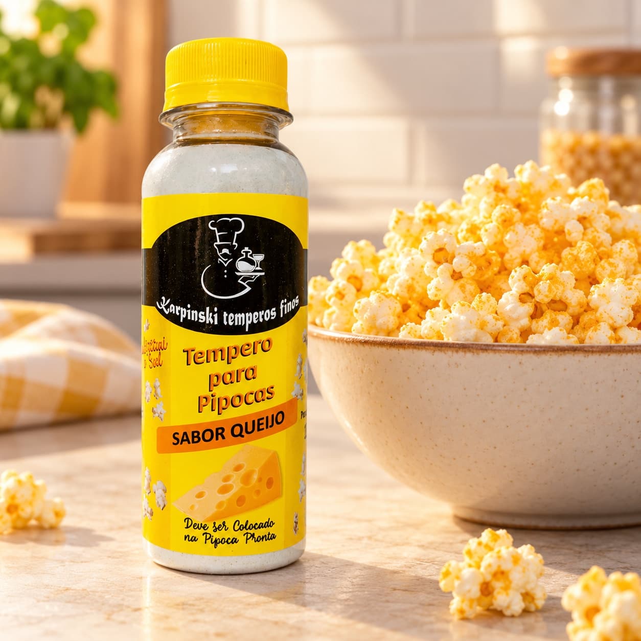 Tempero para Pipoca Sabor Queijo Karpinski — com pipoca preparada em tigela