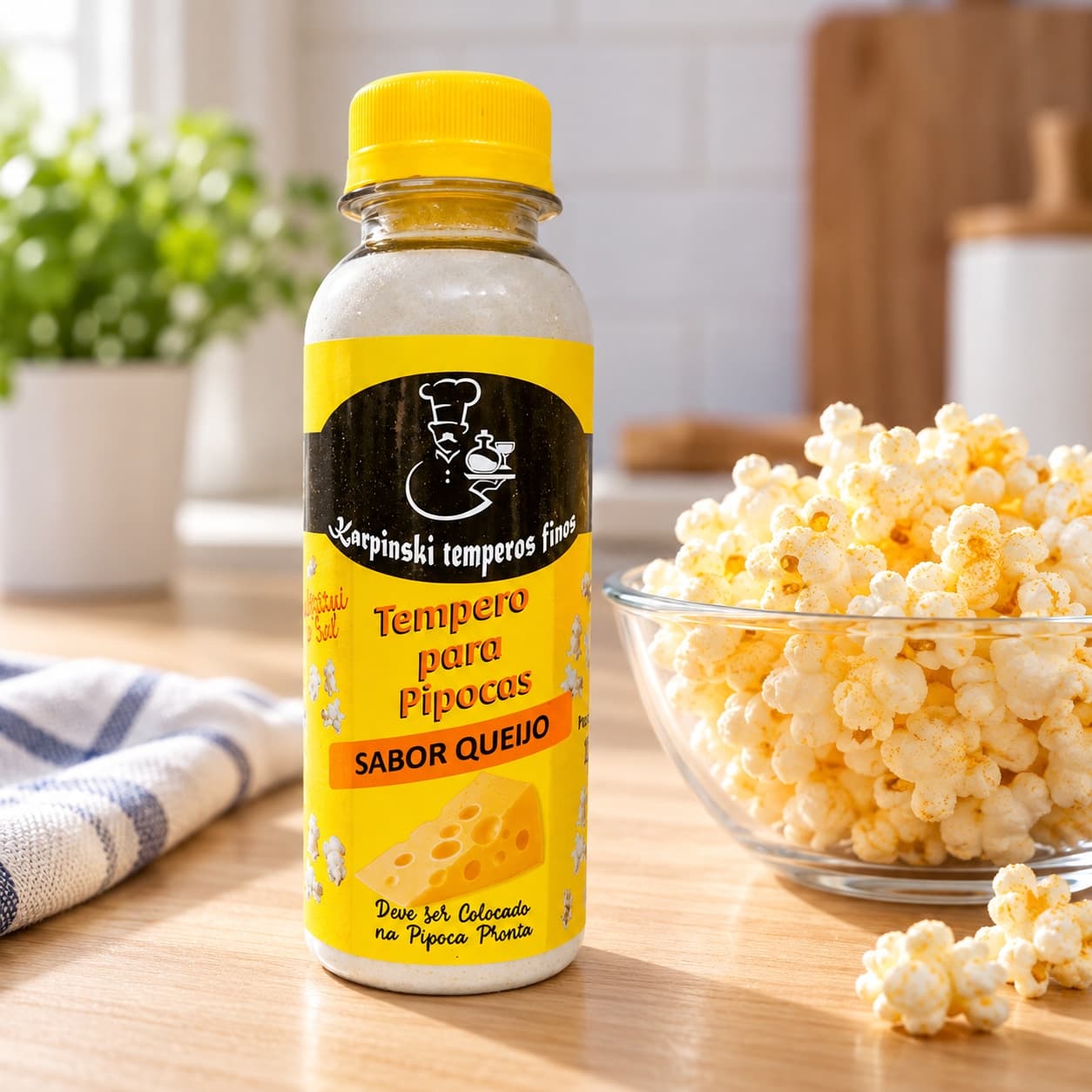 Tempero para Pipoca Sabor Queijo Karpinski — ao lado de porção de pipoca