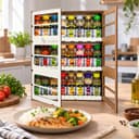 Monte seu Kit com 24 Temperos e Armarinho Karpinski — ao lado de refeição com arroz e legumes