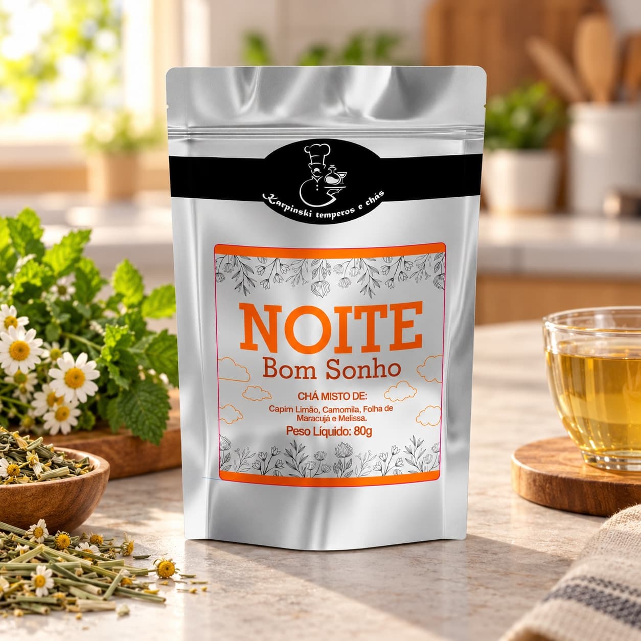 Chá Noite Bom Sonho Karpinski 80 g — na bancada da cozinha