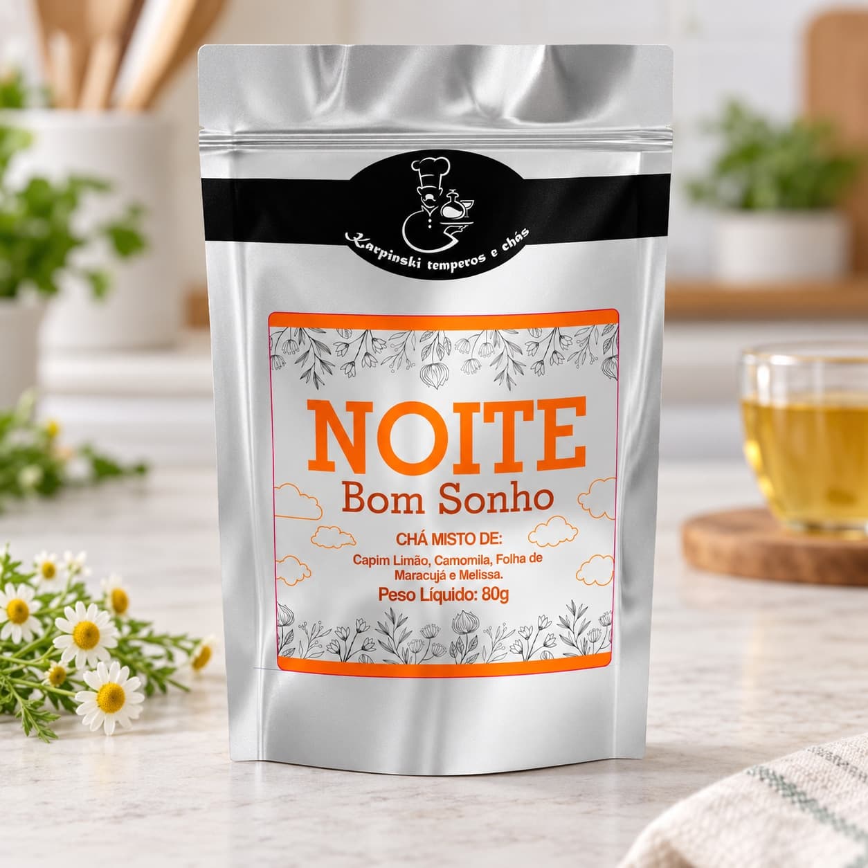 Chá Noite Bom Sonho Karpinski 80 g — detalhe da embalagem e do rótulo