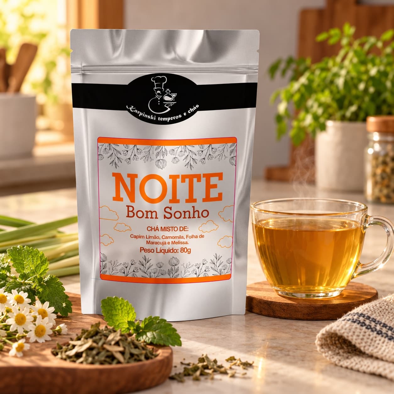 Chá Noite Bom Sonho Karpinski 80 g — com chá preparado em xícara