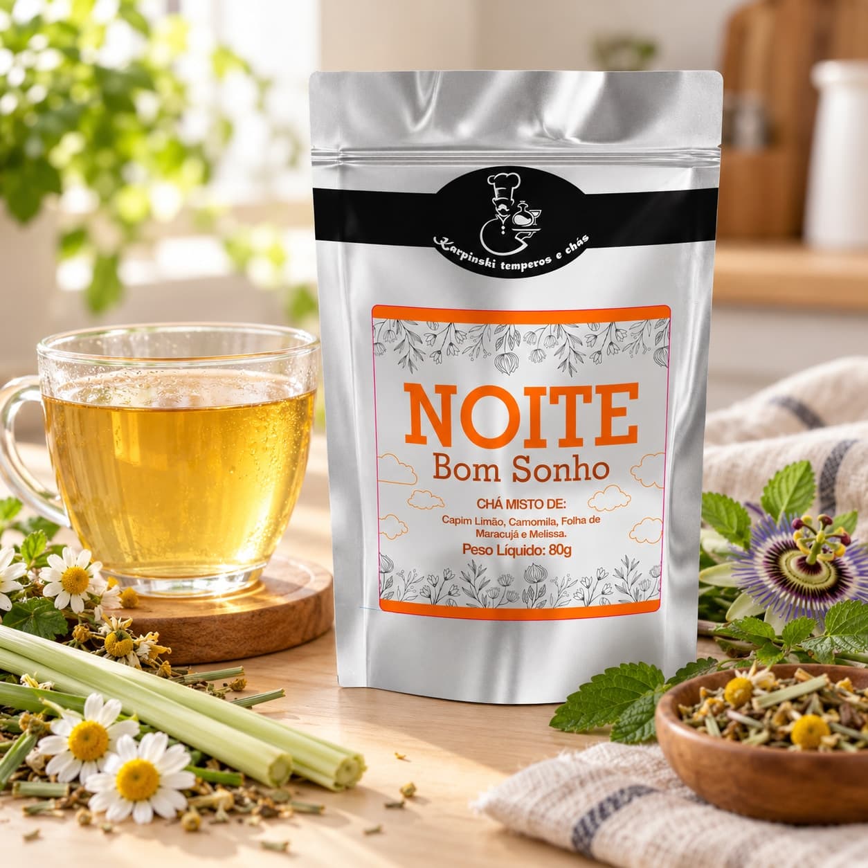Chá Noite Bom Sonho Karpinski 80 g — ao lado de chá servido em copo