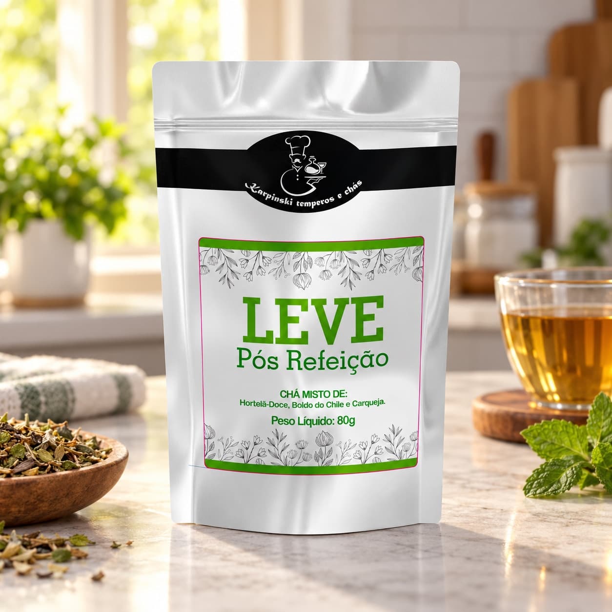 Chá Leve Pós-Refeição Karpinski 80 g — na bancada da cozinha