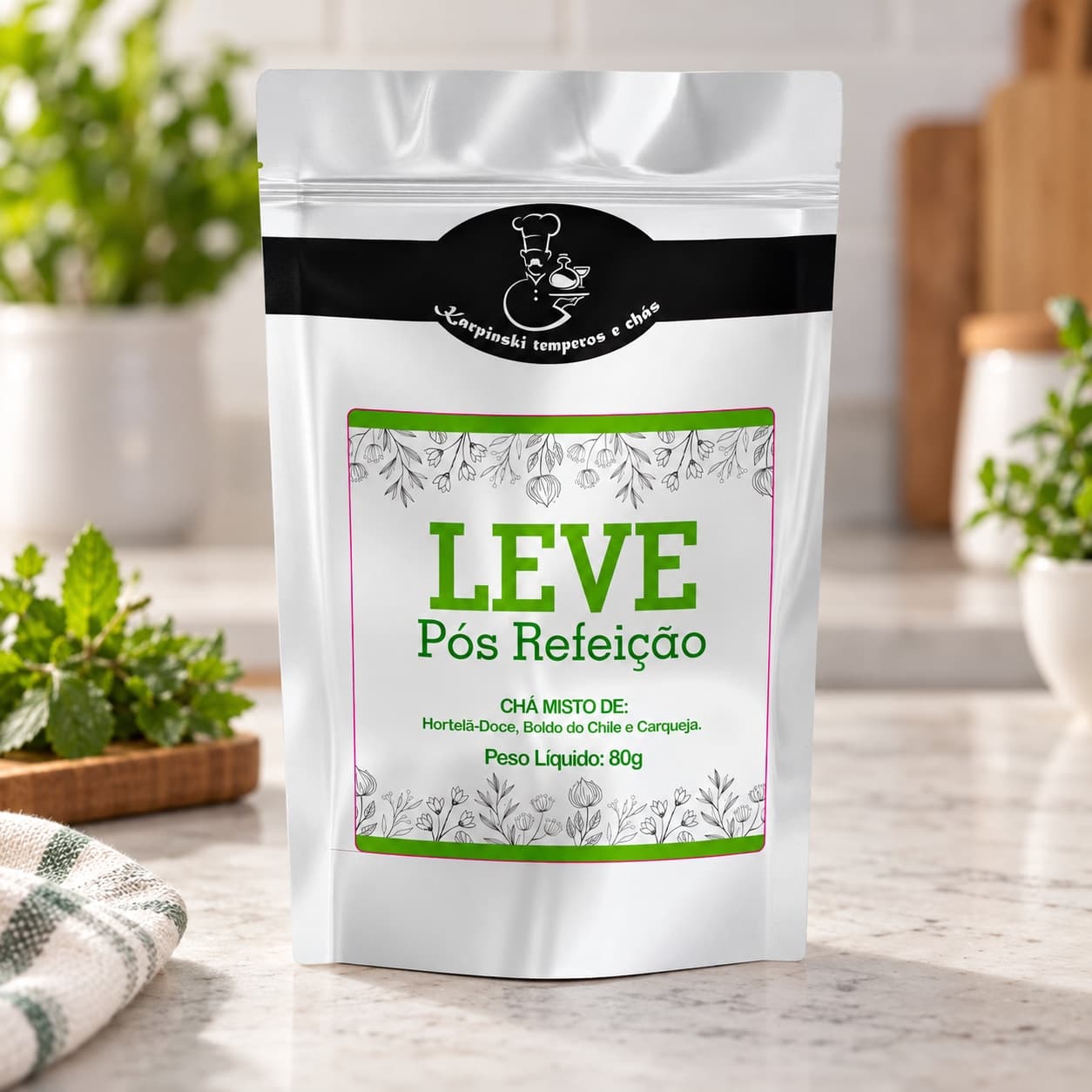 Chá Leve Pós-Refeição Karpinski 80 g — detalhe da embalagem e do rótulo