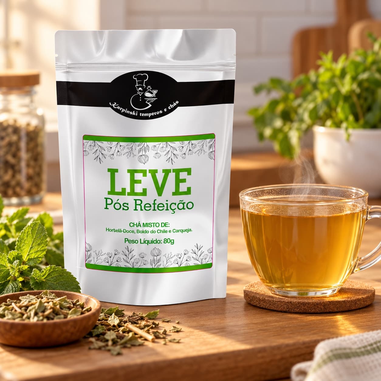 Chá Leve Pós-Refeição Karpinski 80 g — com chá preparado em xícara