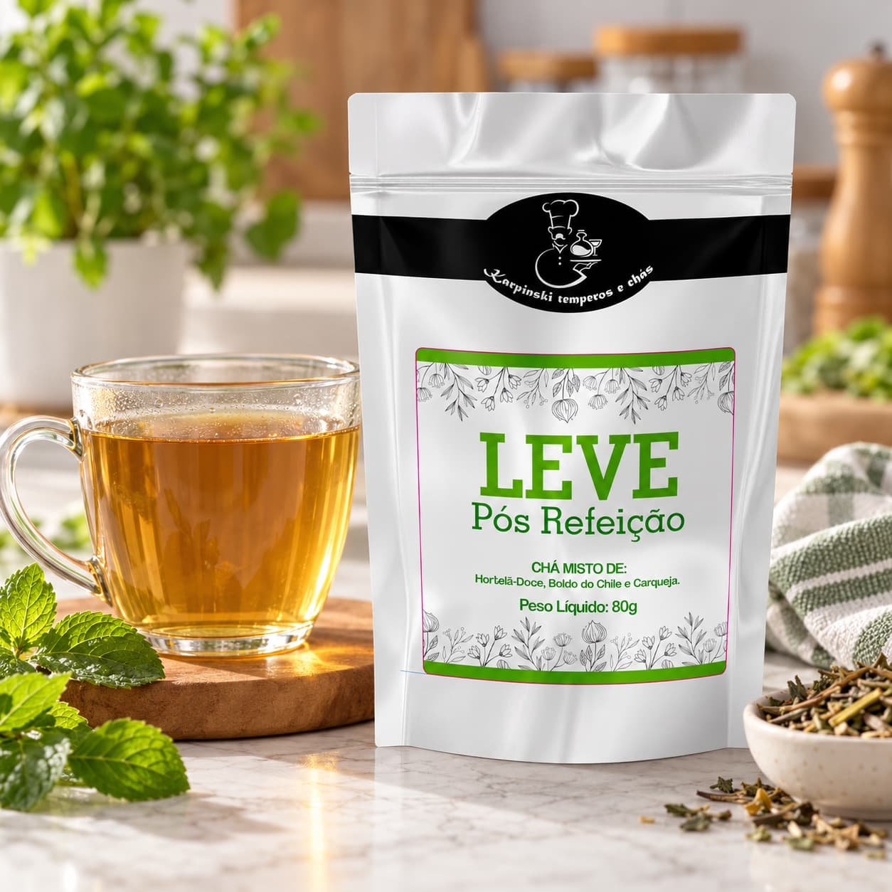 Chá Leve Pós-Refeição Karpinski 80 g — ao lado de chá servido em copo