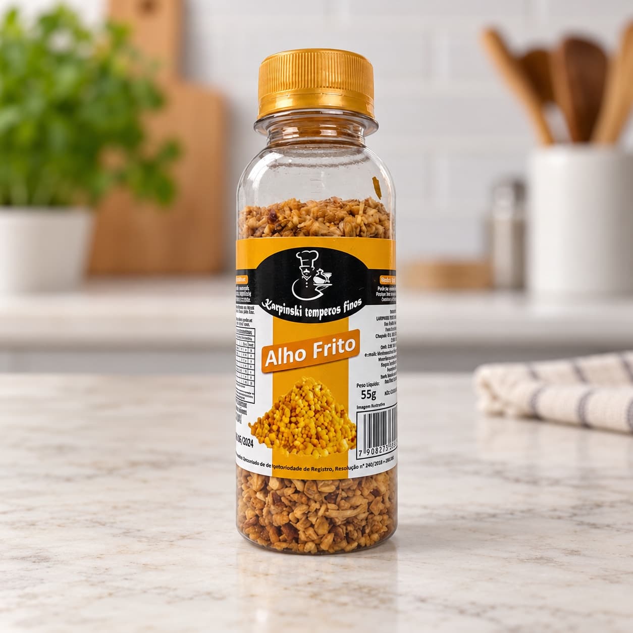 Tempero Alho Frito Karpinski 55 g — detalhe da embalagem e do rótulo