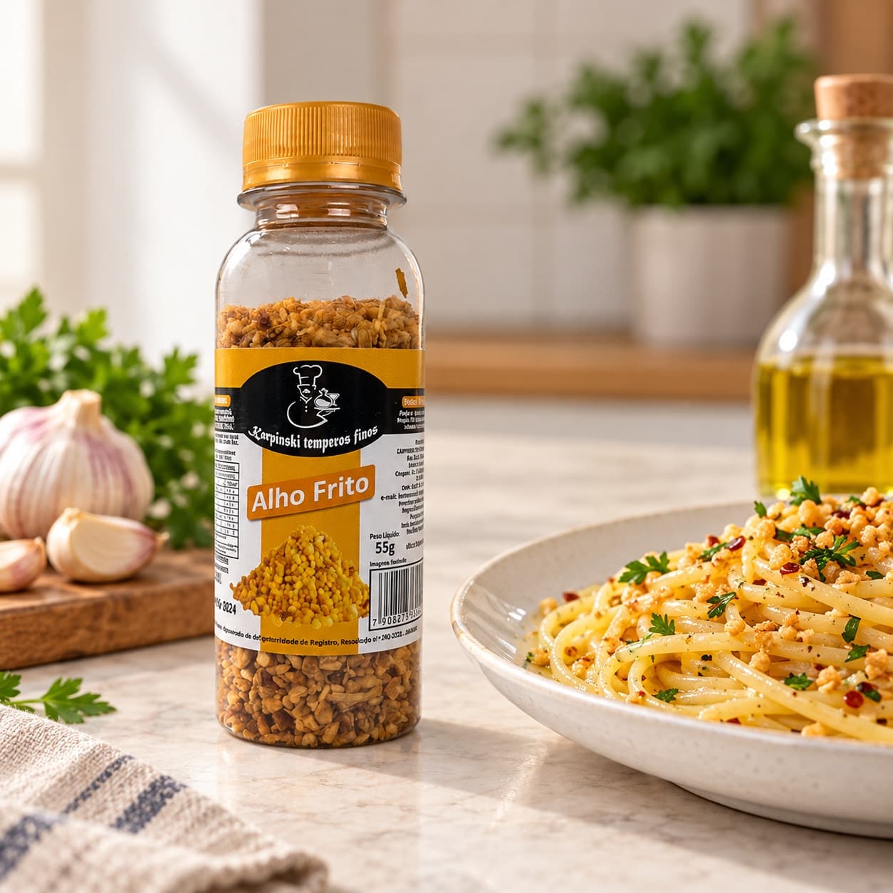 Tempero Alho Frito Karpinski 55 g — ao lado de massa com azeite