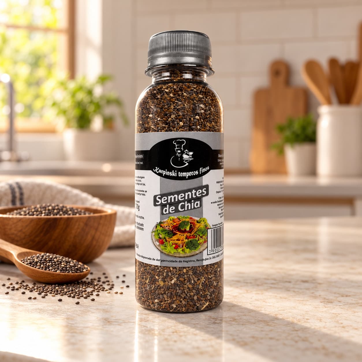 Sementes de Chia Karpinski 70 g — na bancada da cozinha