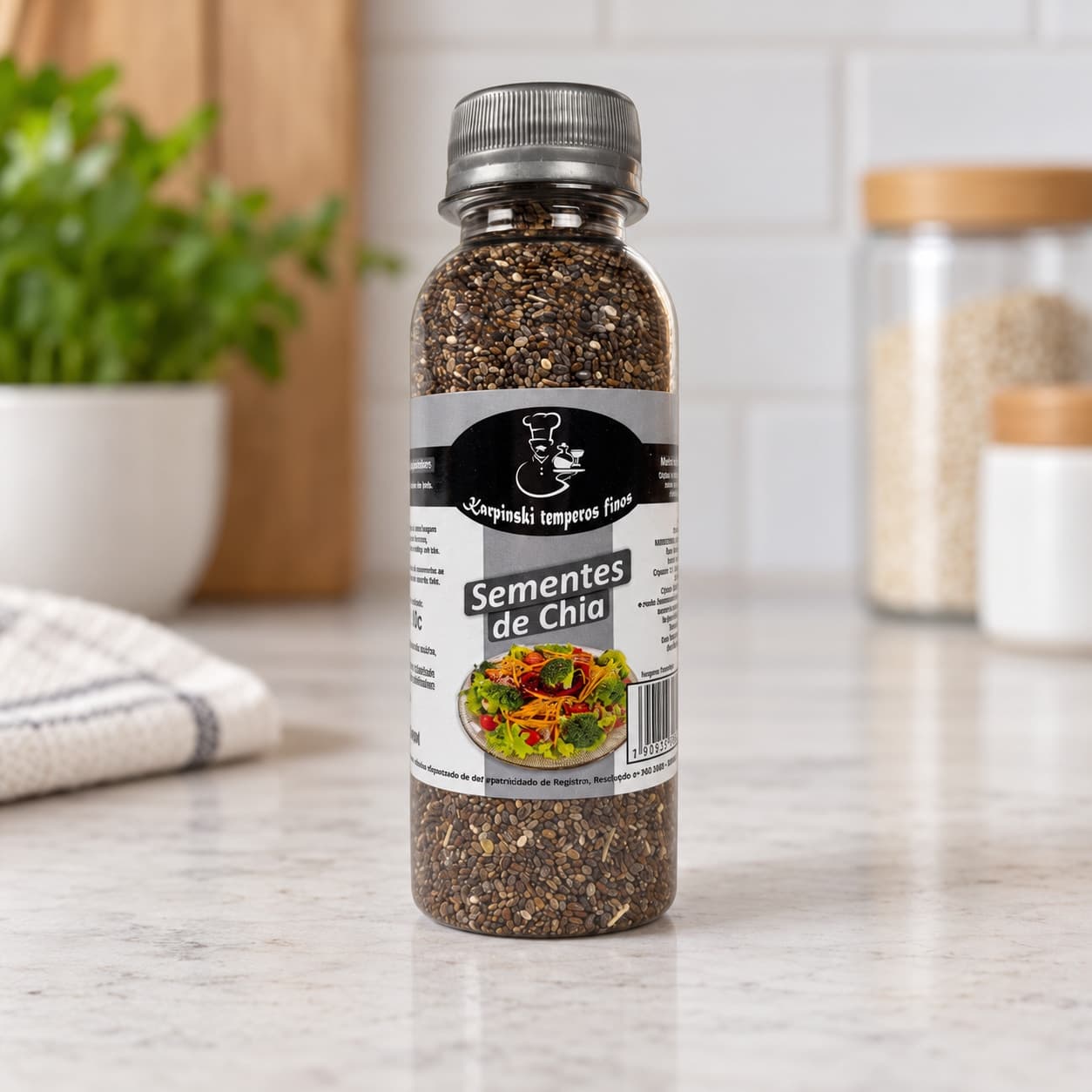 Sementes de Chia Karpinski 70 g — detalhe da embalagem e do rótulo