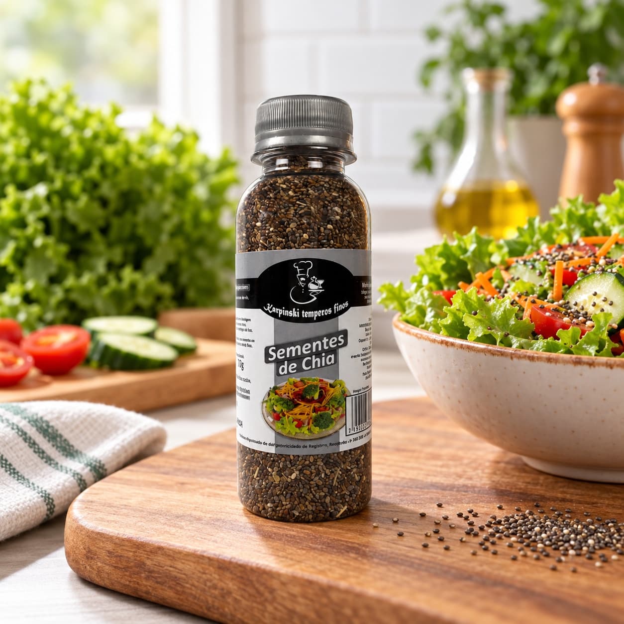 Sementes de Chia Karpinski 70 g — no preparo com salada de folhas verdes