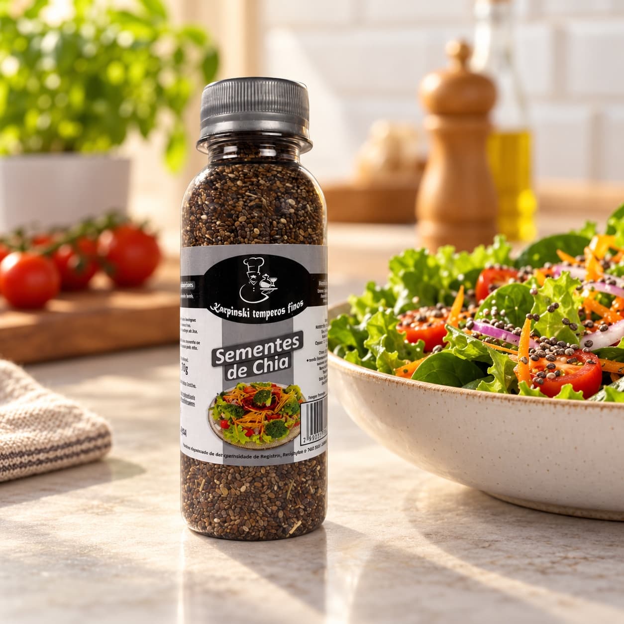 Sementes de Chia Karpinski 70 g — com salada de folhas verdes