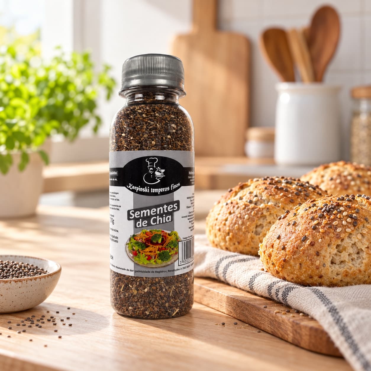 Sementes de Chia Karpinski 70 g — ao lado de pãezinhos caseiros