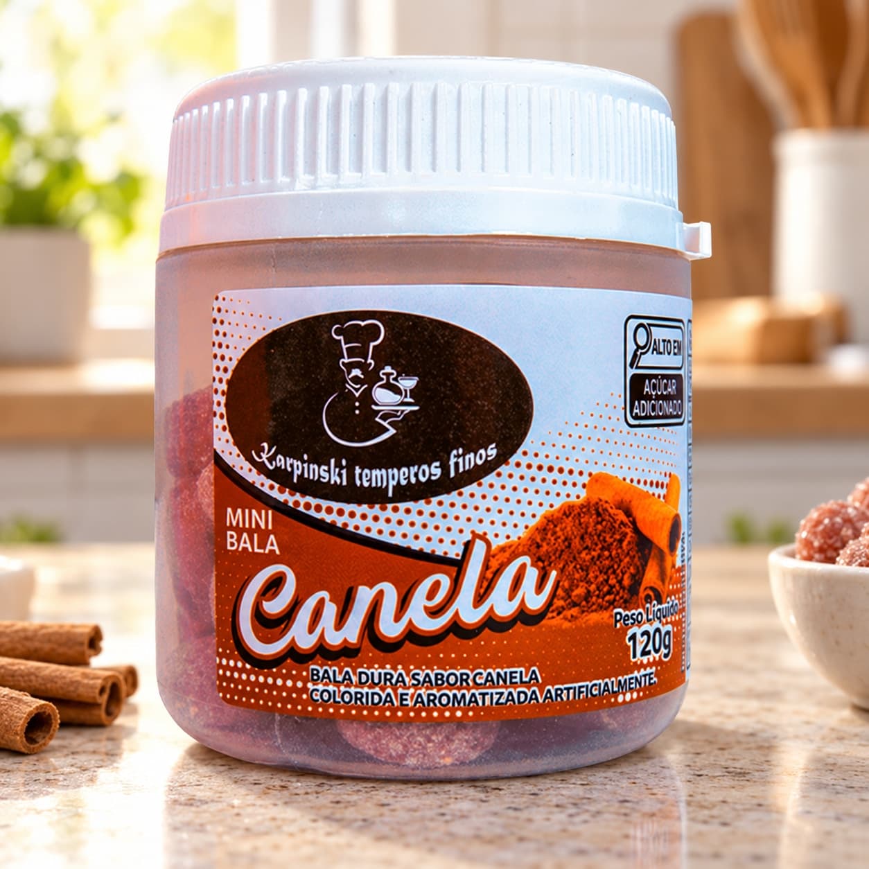 Bala de Canela Karpinski 120 g — na bancada da cozinha
