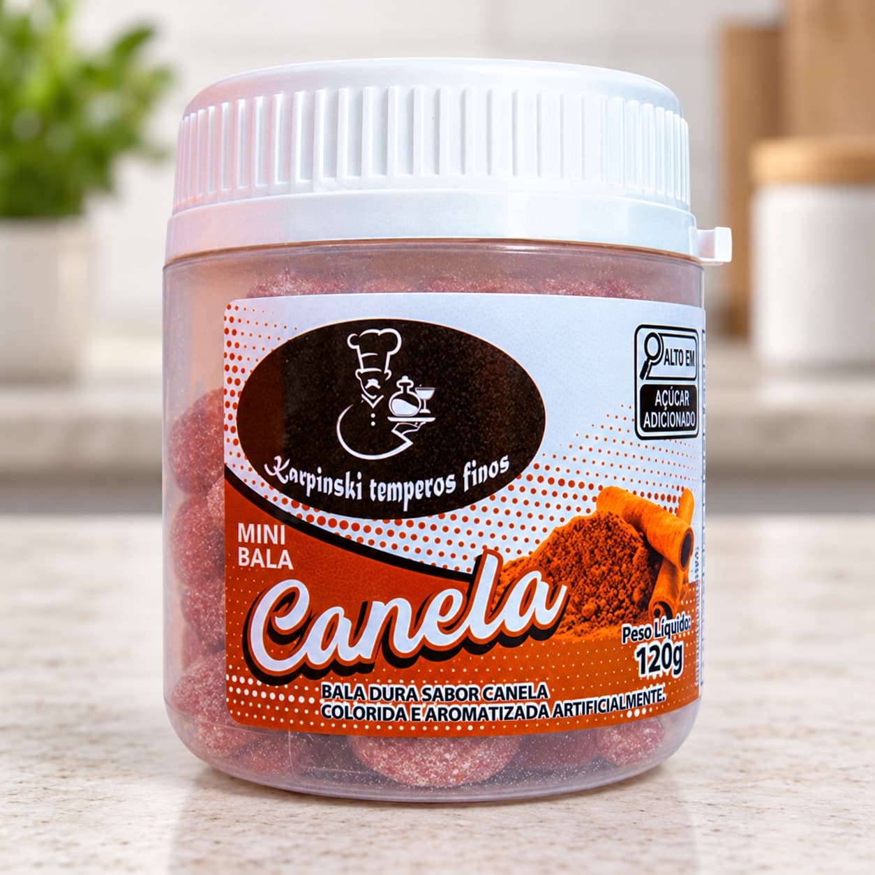 Bala de Canela Karpinski 120 g — detalhe da embalagem e do rótulo
