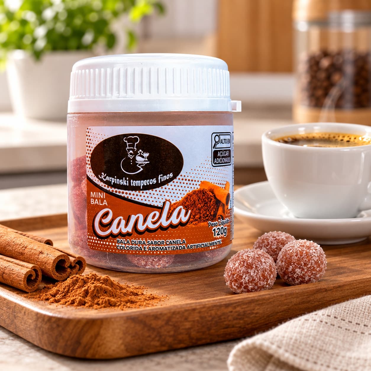 Bala de Canela Karpinski 120 g — no preparo com café servido em bandeja