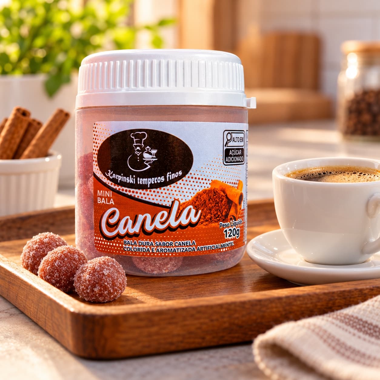 Bala de Canela Karpinski 120 g — com café servido em bandeja