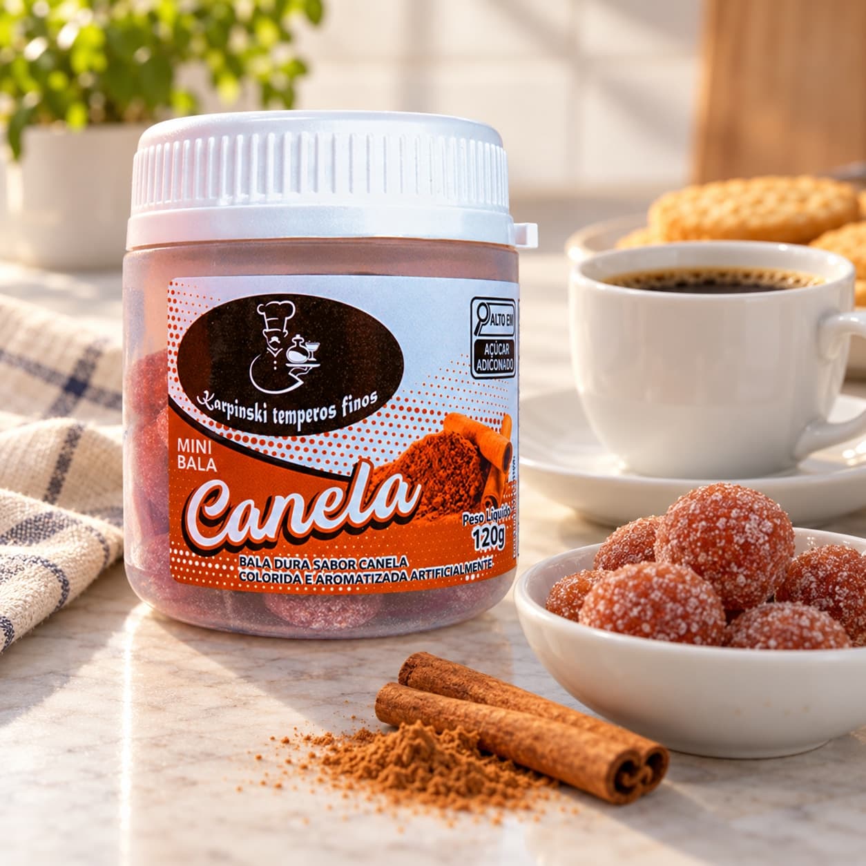 Bala de Canela Karpinski 120 g — ao lado de mesa de café da tarde