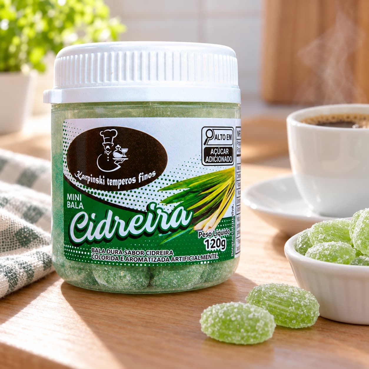 Bala de Cidreira Karpinski 120 g — ao lado de mesa de café da tarde
