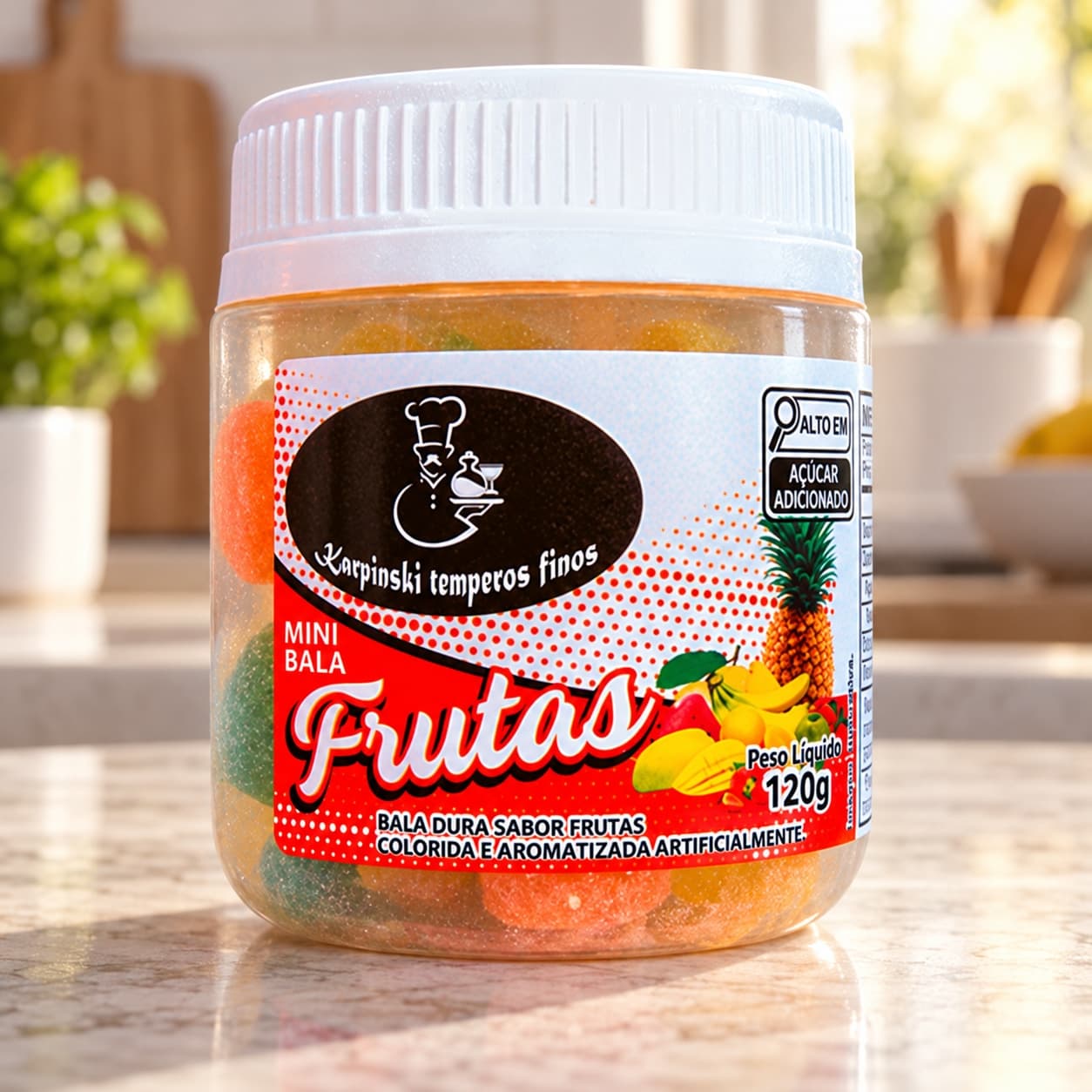 Bala de Frutas Sortidas Karpinski 120 g — na bancada da cozinha