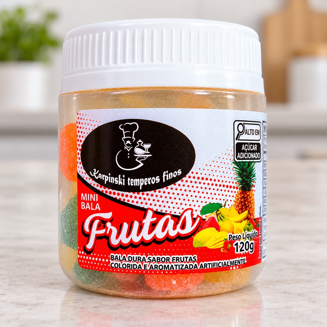 Bala de Frutas Sortidas Karpinski 120 g — detalhe da embalagem e do rótulo