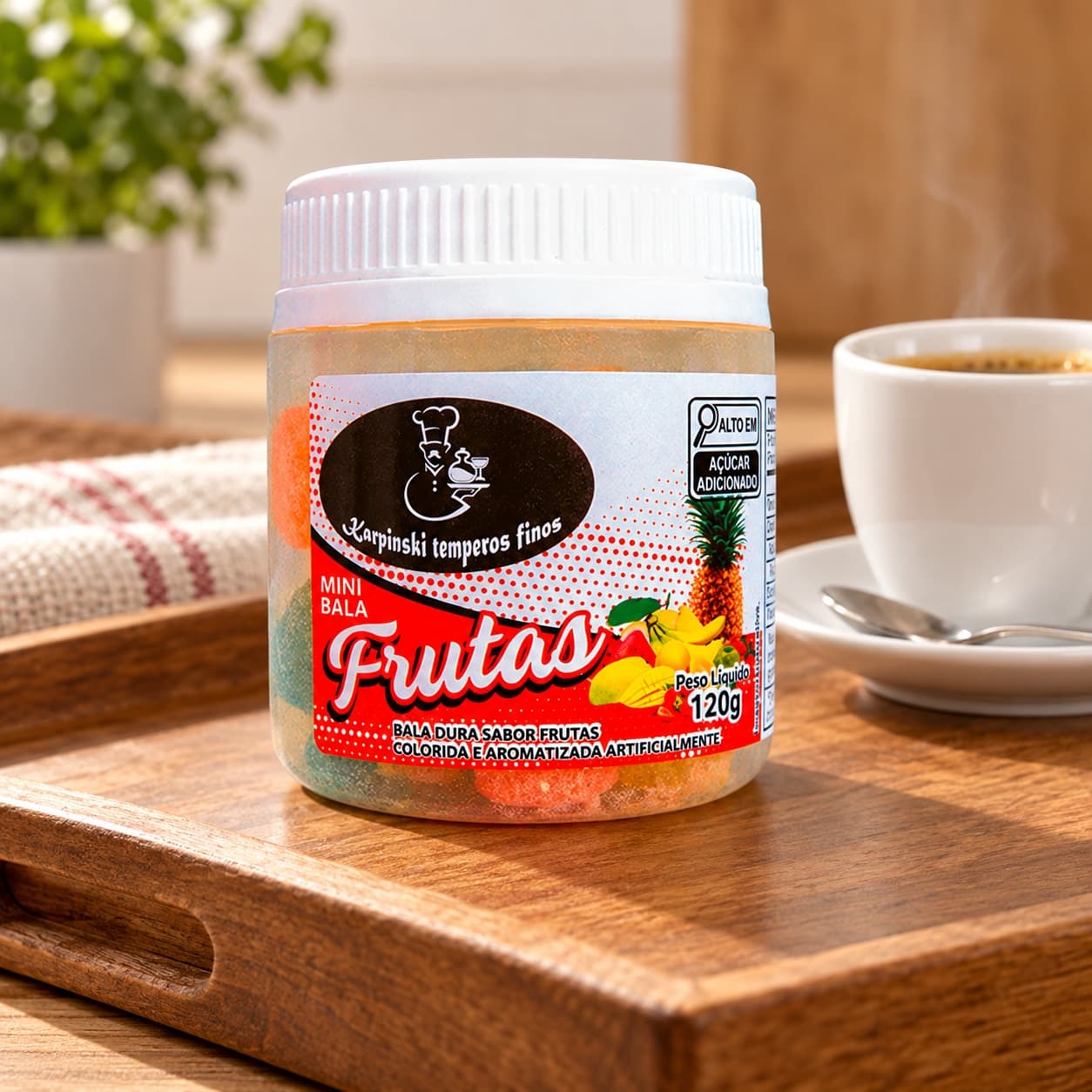 Bala de Frutas Sortidas Karpinski 120 g — no preparo com café servido em bandeja