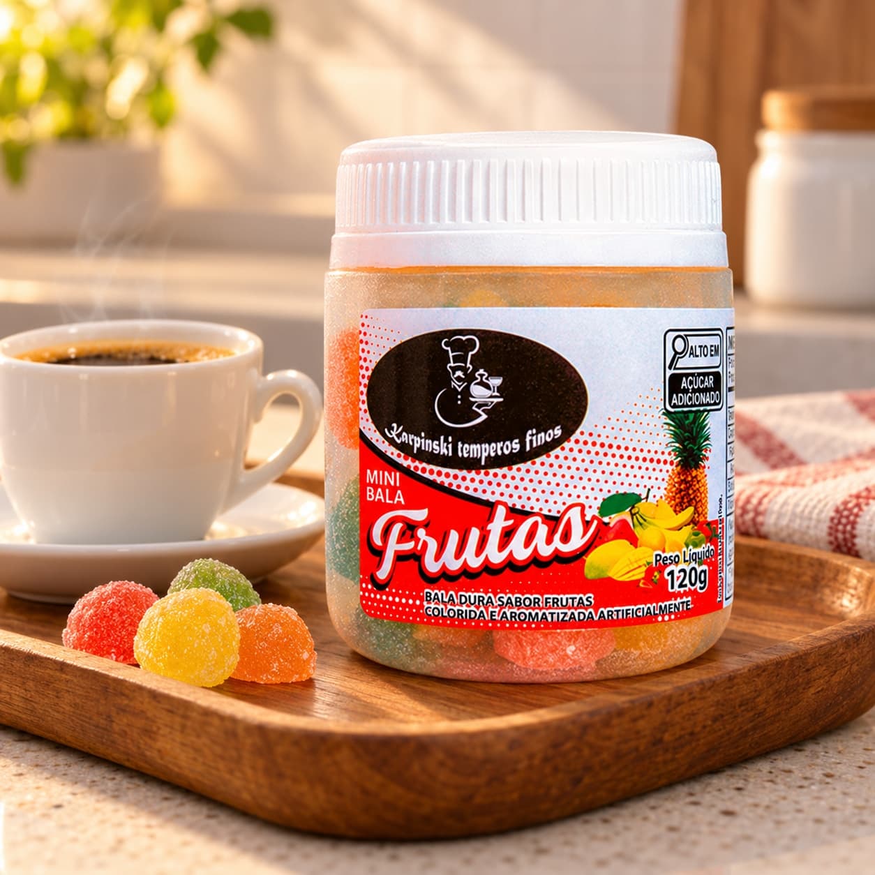 Bala de Frutas Sortidas Karpinski 120 g — com café servido em bandeja