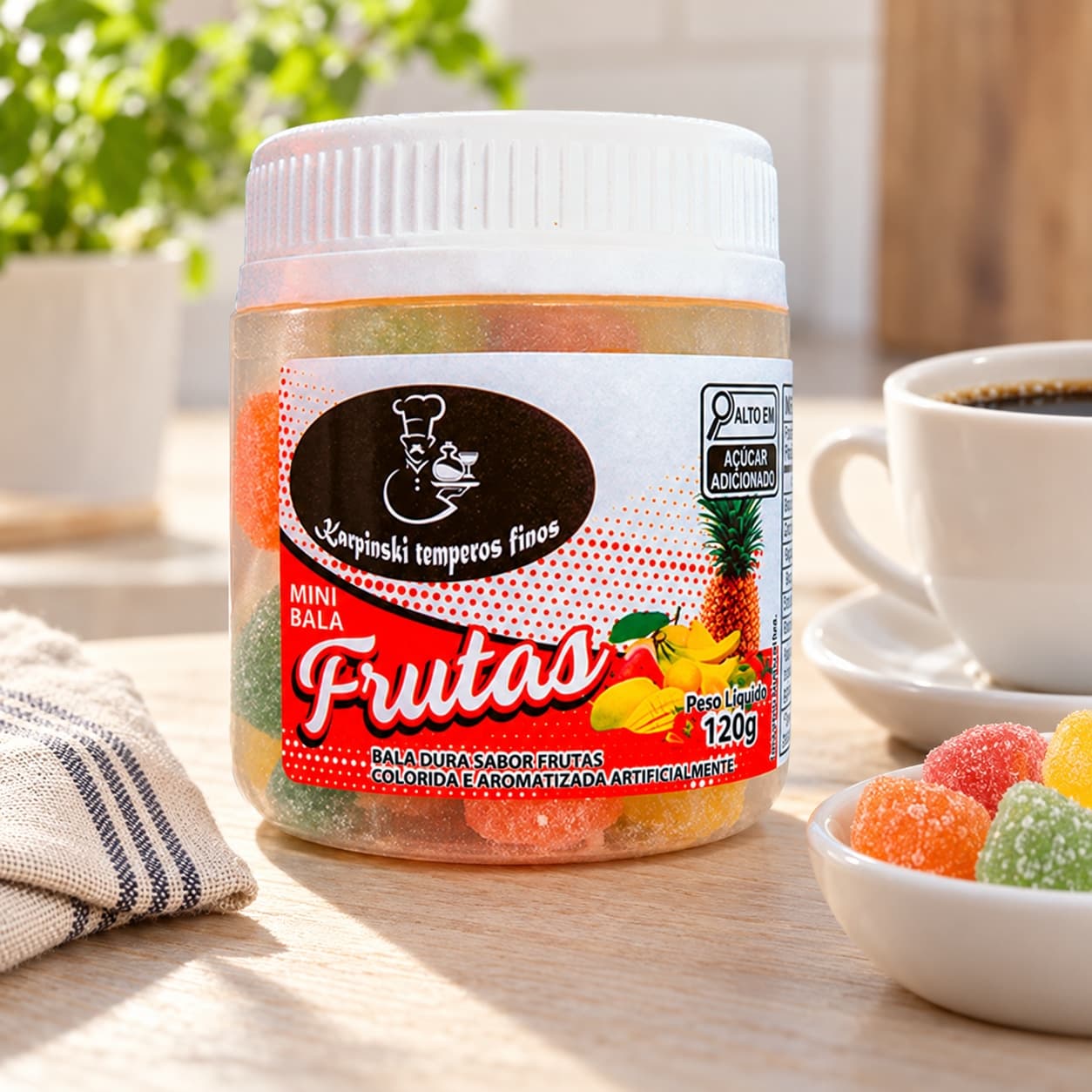 Bala de Frutas Sortidas Karpinski 120 g — ao lado de mesa de café da tarde
