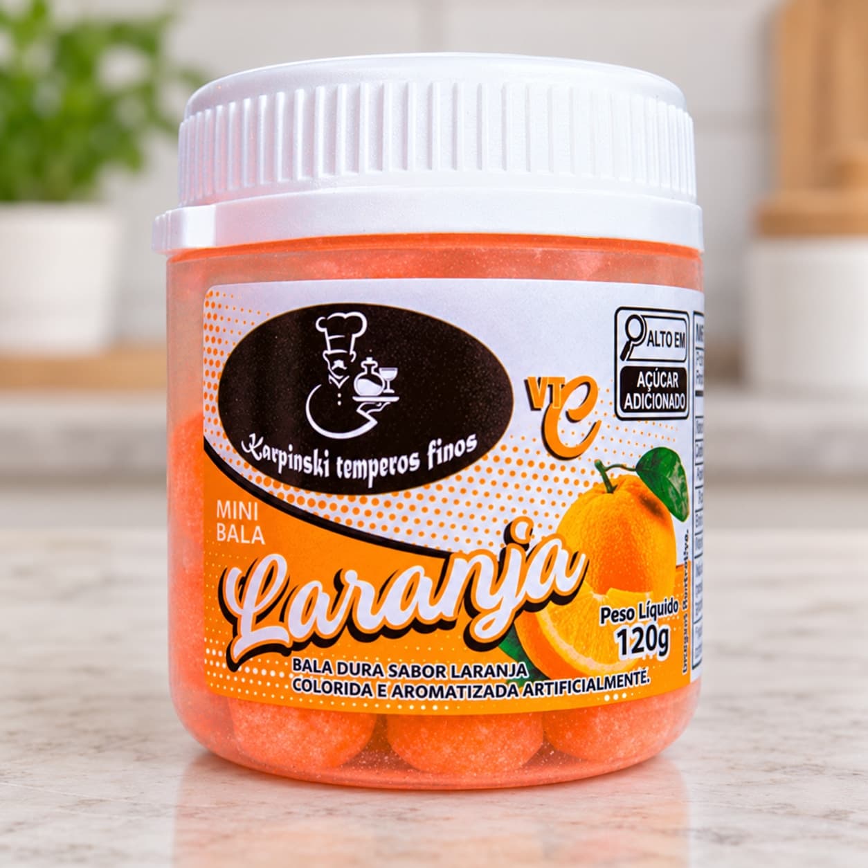 Bala de Laranja Karpinski 120 g — detalhe da embalagem e do rótulo