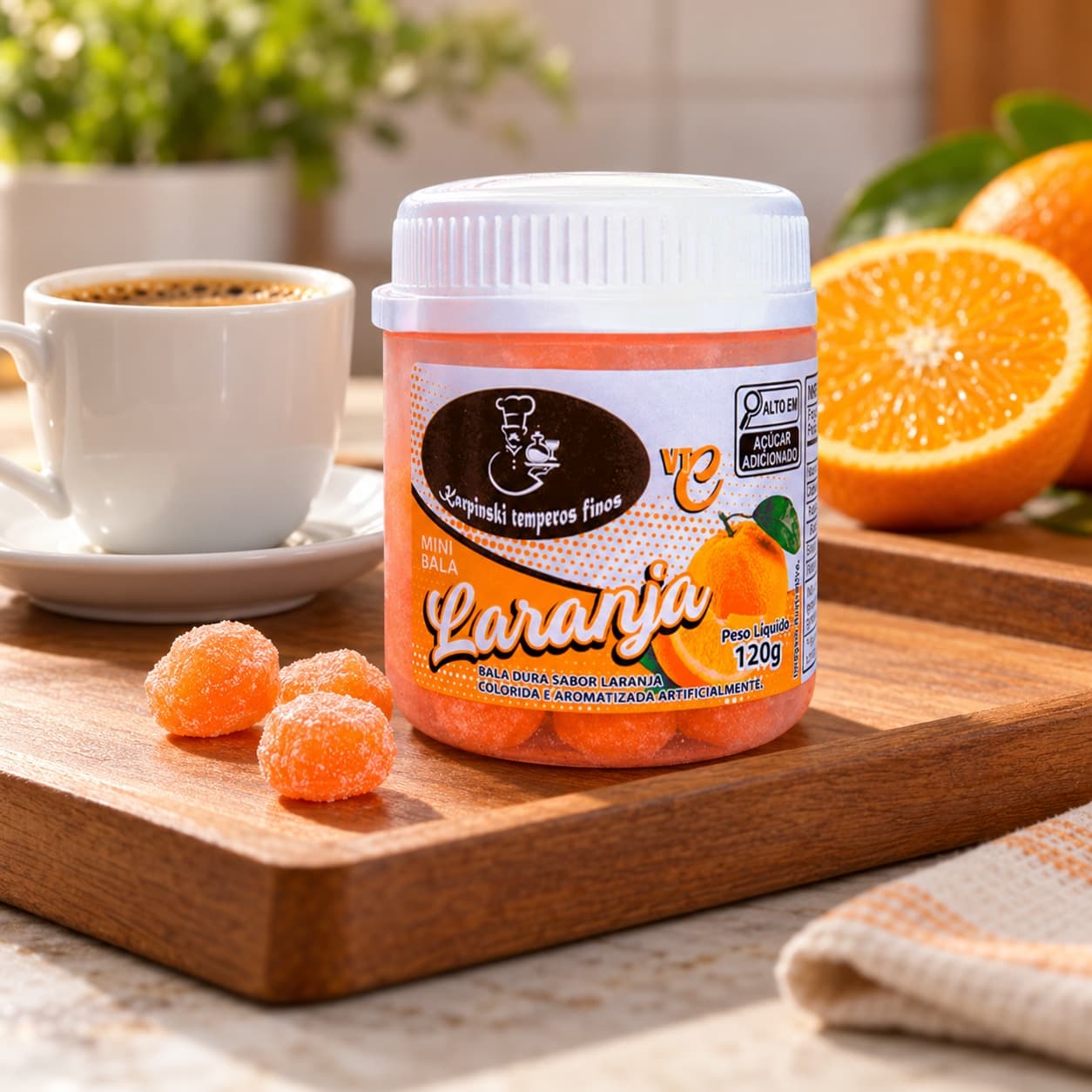 Bala de Laranja Karpinski 120 g — no preparo com café servido em bandeja