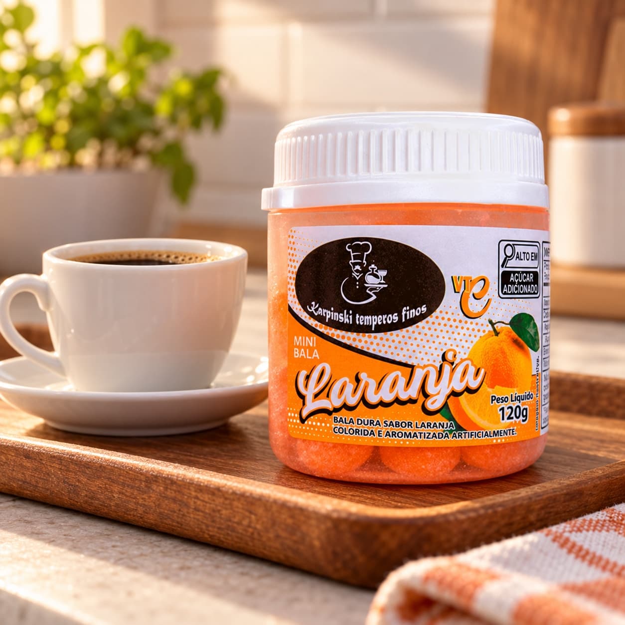 Bala de Laranja Karpinski 120 g — com café servido em bandeja