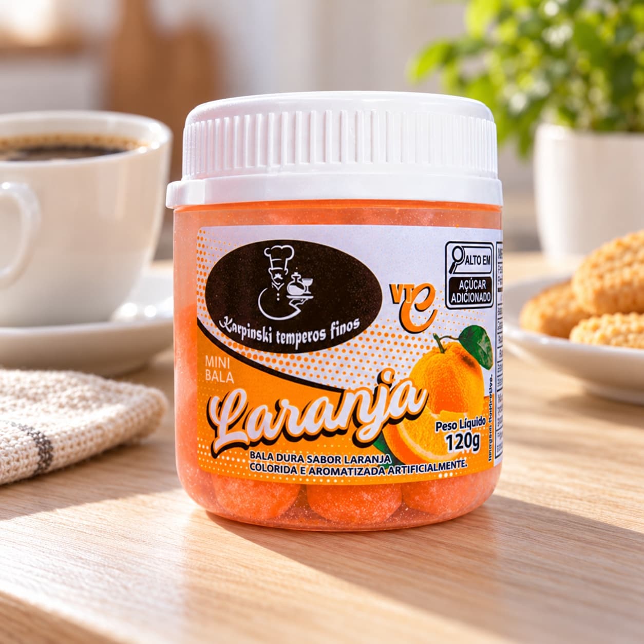 Bala de Laranja Karpinski 120 g — ao lado de mesa de café da tarde