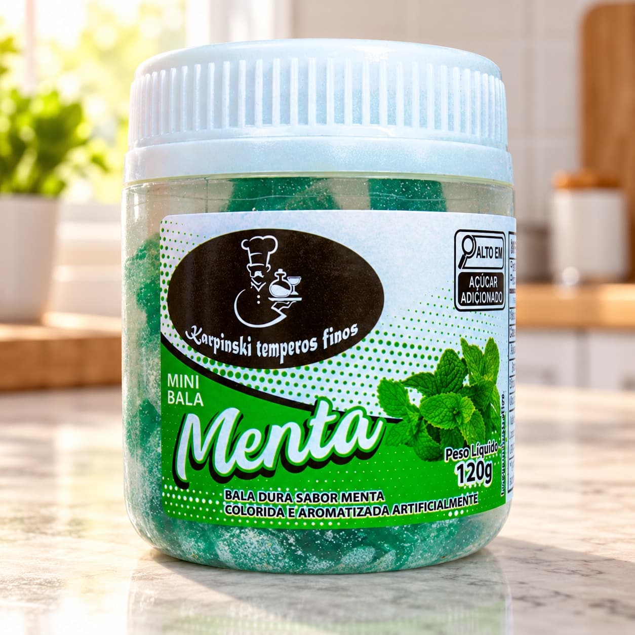 Bala de Menta Karpinski 120 g — na bancada da cozinha