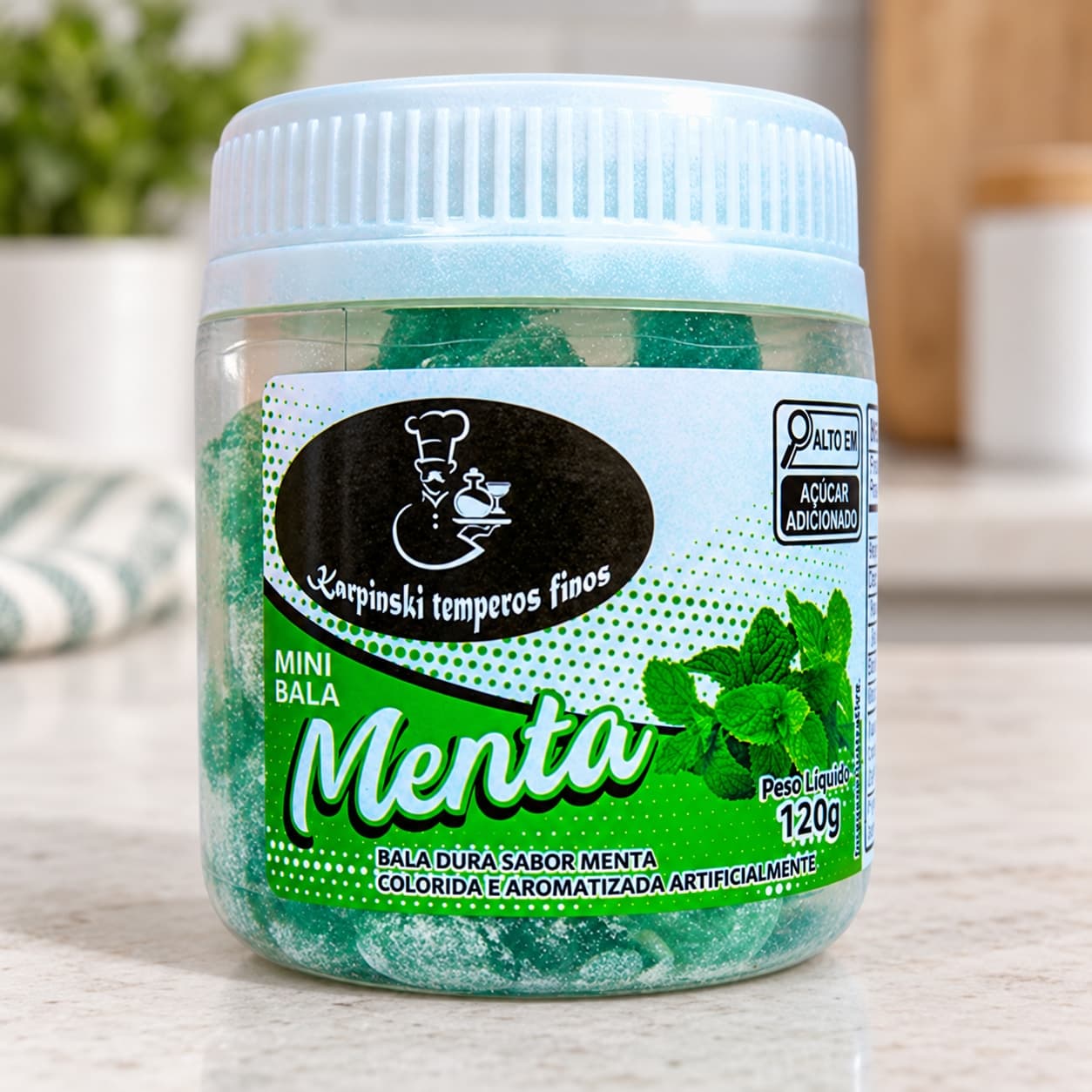 Bala de Menta Karpinski 120 g — detalhe da embalagem e do rótulo