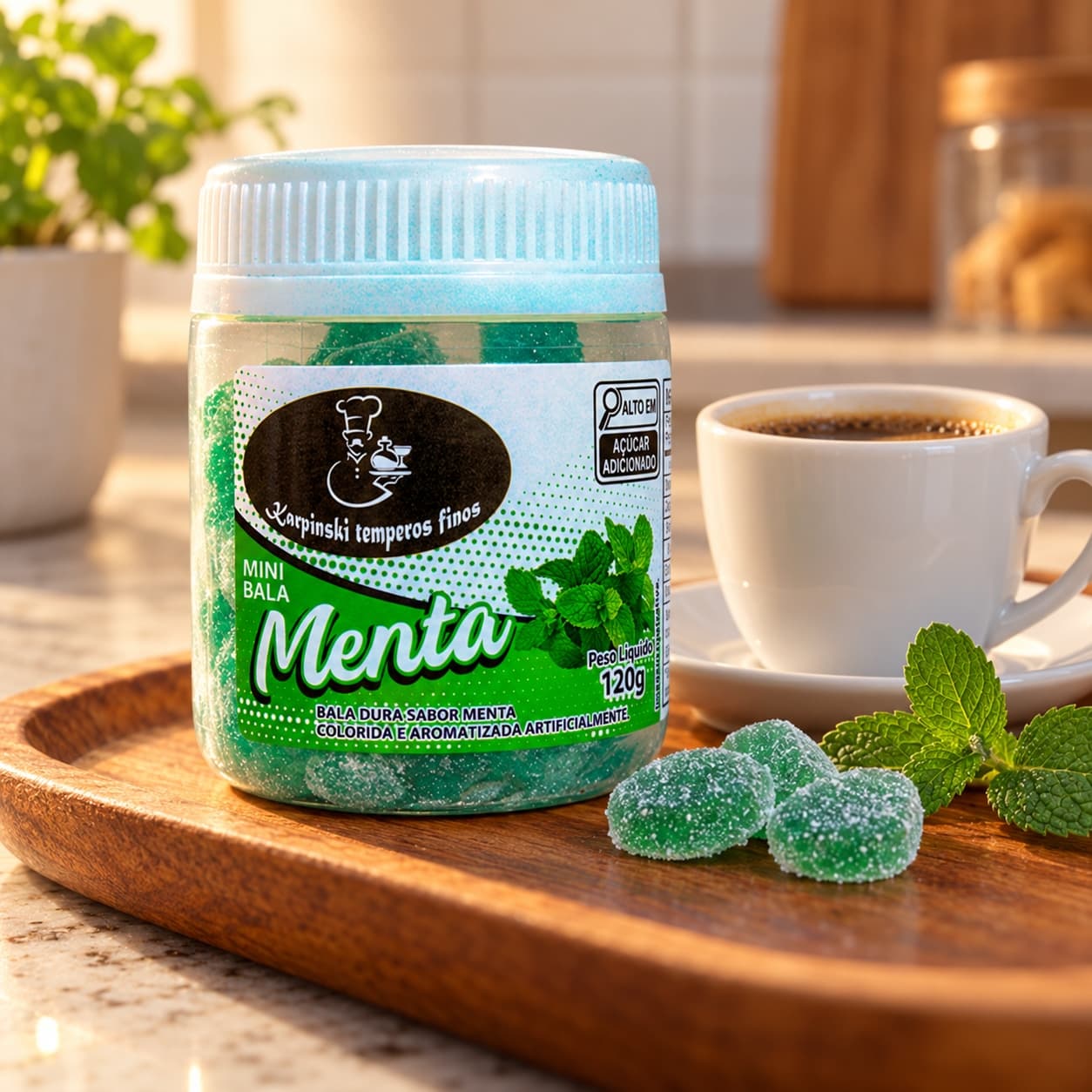 Bala de Menta Karpinski 120 g — com café servido em bandeja