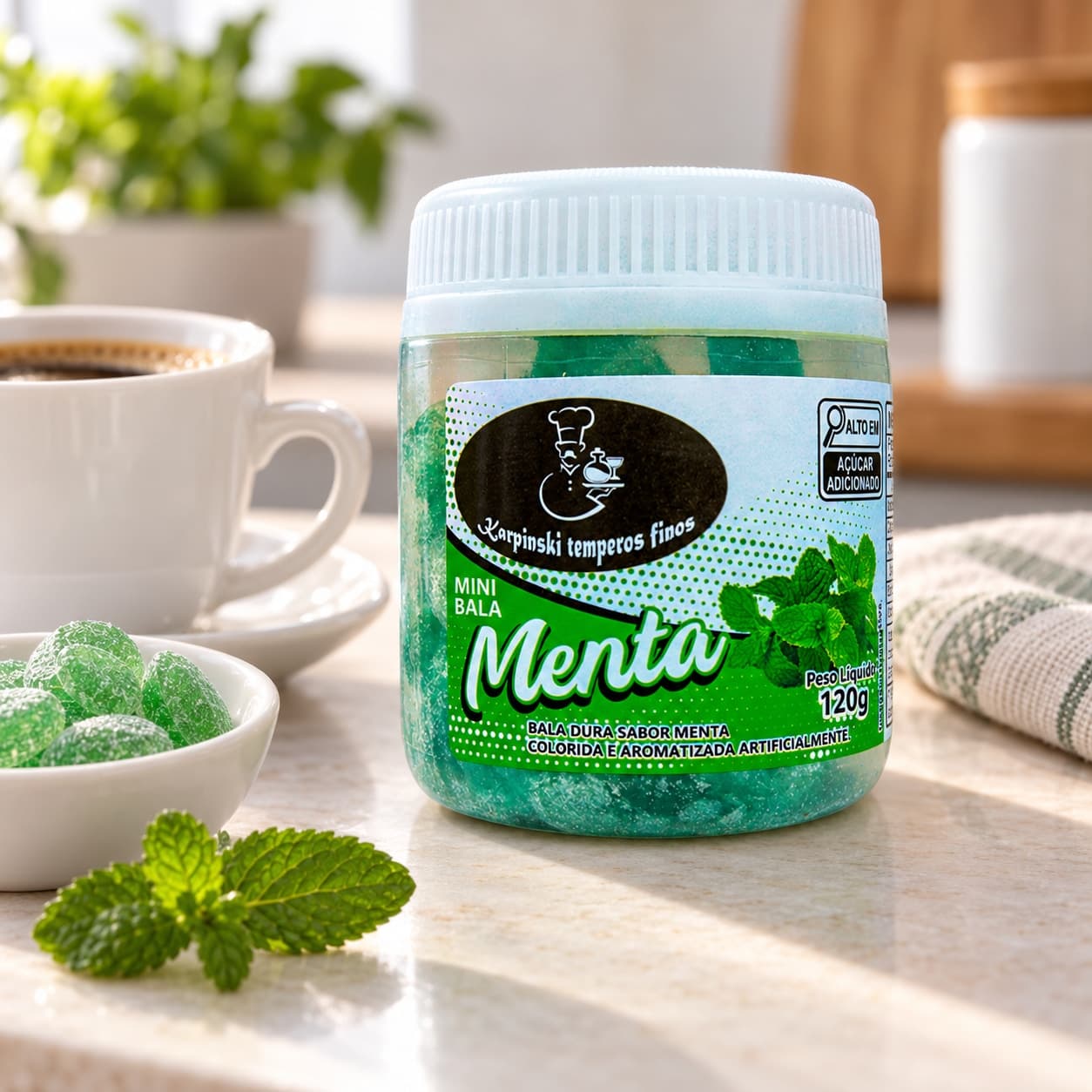 Bala de Menta Karpinski 120 g — ao lado de mesa de café da tarde
