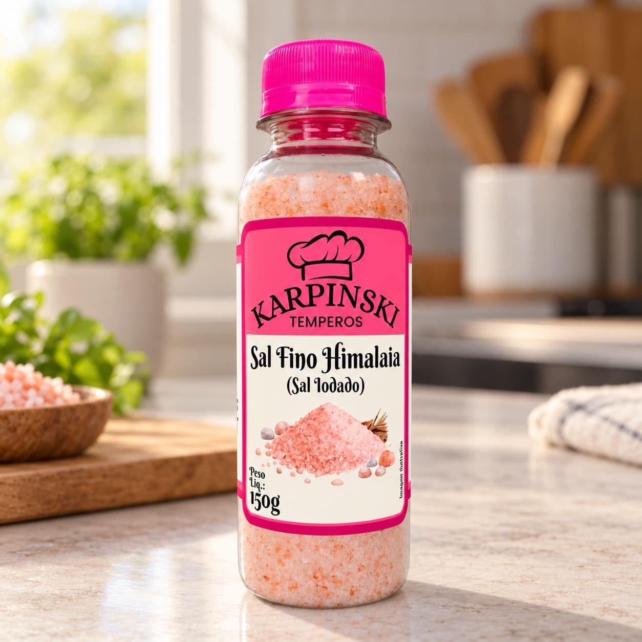 Sal do Himalaia Rosa Iodado Karpinski 150 g — na bancada da cozinha