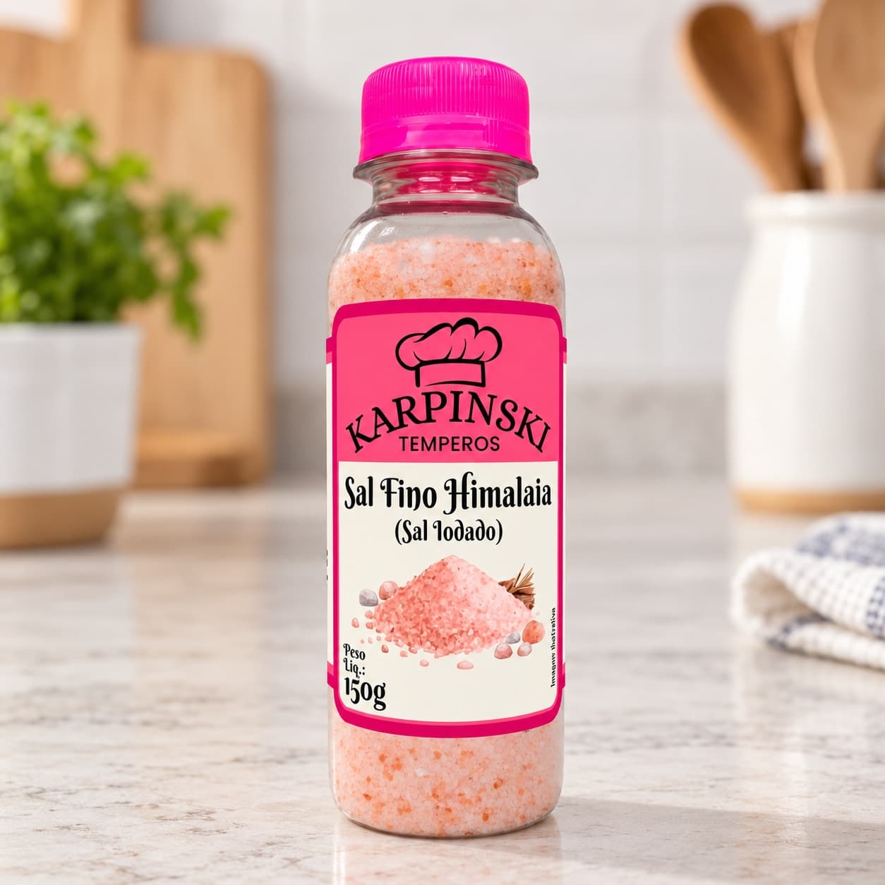 Sal do Himalaia Rosa Iodado Karpinski 150 g — detalhe da embalagem e do rótulo